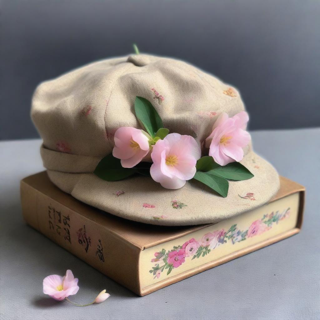 A book cover featuring a dark beige colored cabbie hat with pink primrose flowers ripping out of it