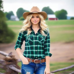 A blonde girl with wavy hair and green eyes in a country setting