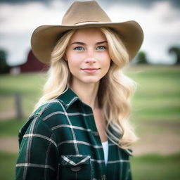 A blonde girl with wavy hair and green eyes in a country setting