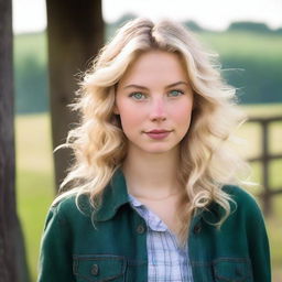 A blonde girl with wavy hair and green eyes in a country setting