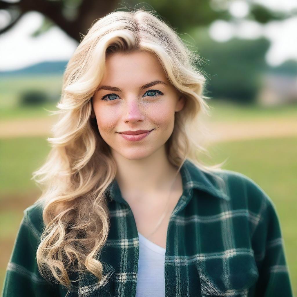 A blonde girl with wavy hair and green eyes in a country setting