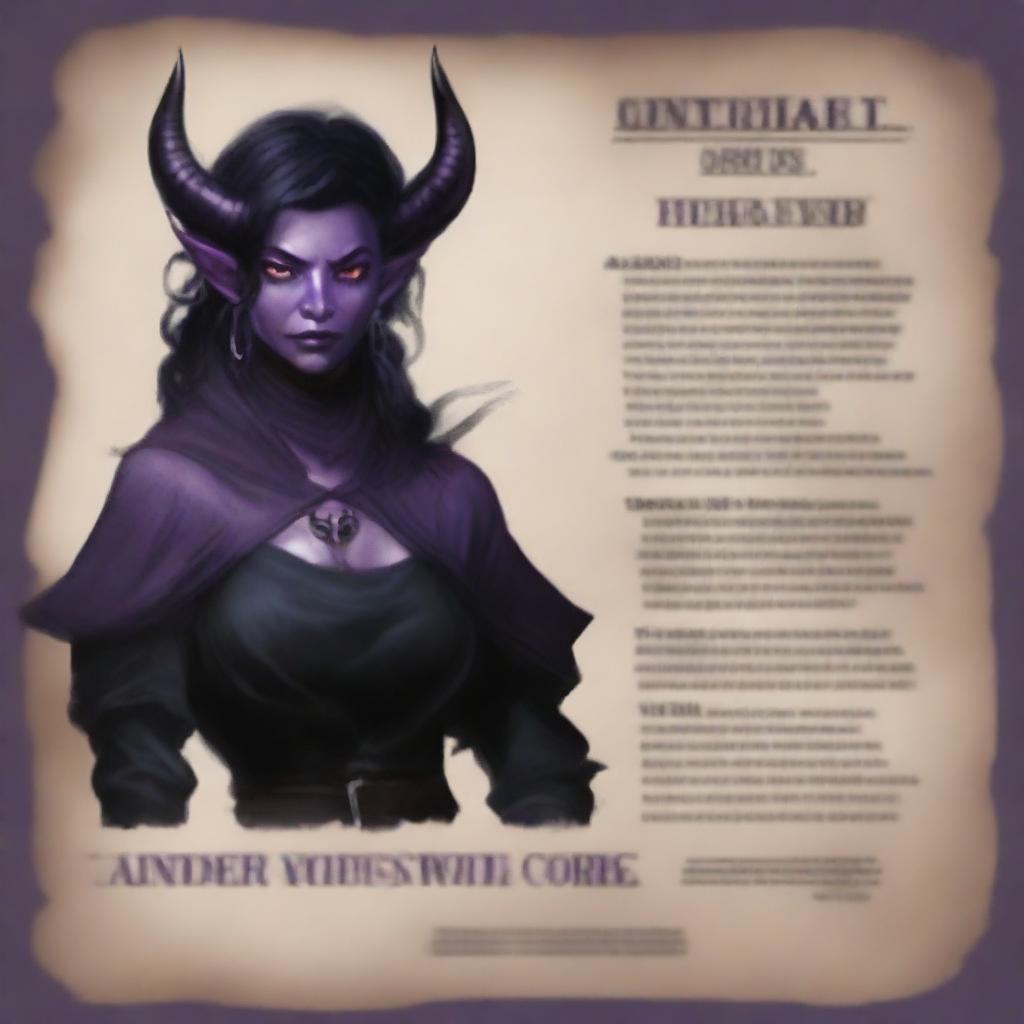 A wanted poster of a standard tiefling in the DND universe of medium height, wearing witch attire