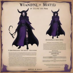 A wanted poster of a standard tiefling in the DND universe of medium height, wearing witch attire