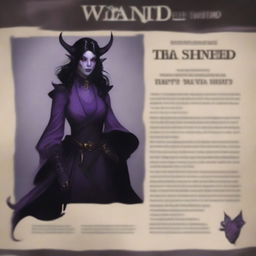 A wanted poster of a standard tiefling in the DND universe of medium height, wearing witch attire