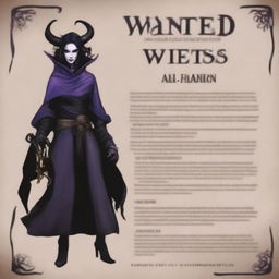 A wanted poster of a standard tiefling in the DND universe of medium height, wearing witch attire