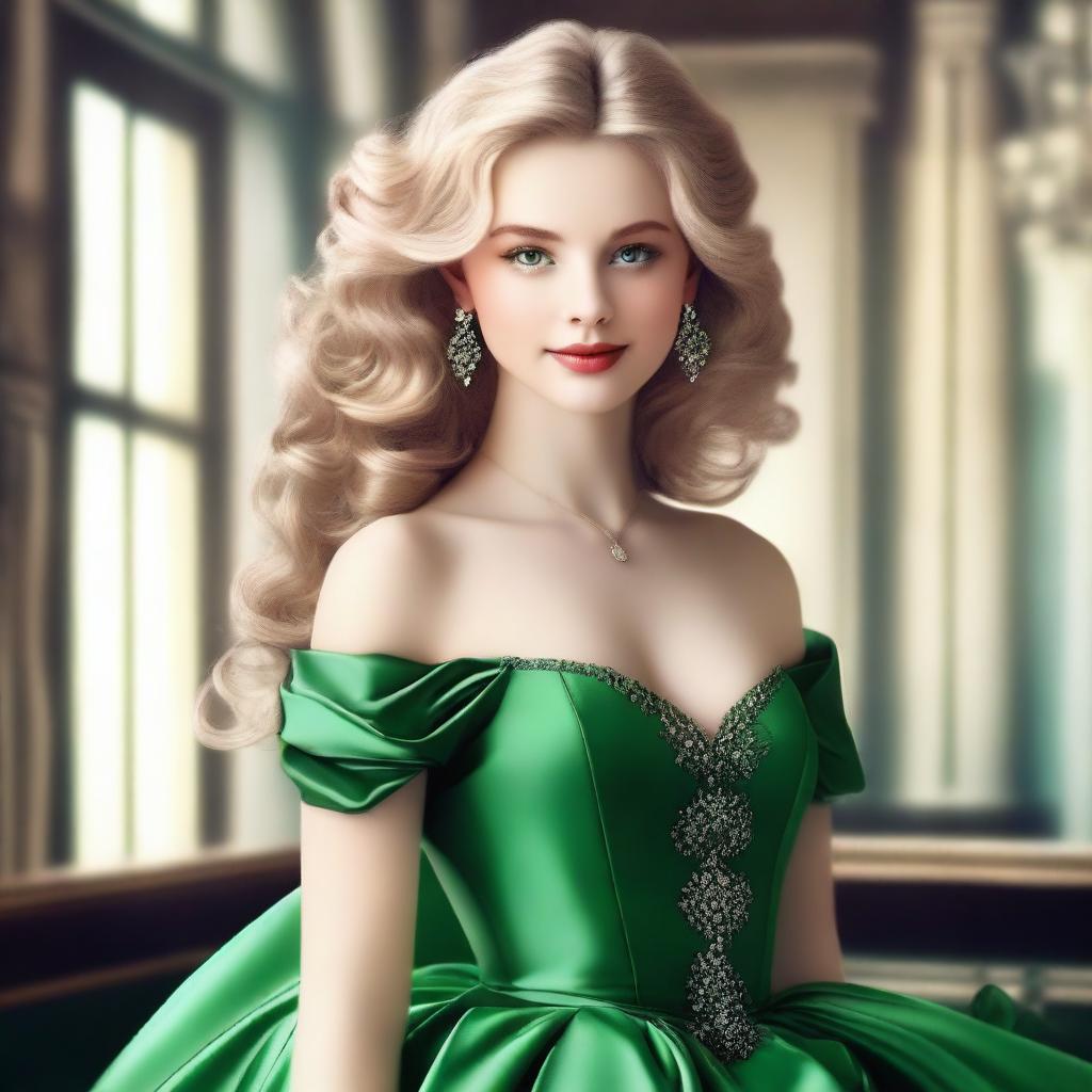 A blonde girl with wavy hair and green eyes wearing a green ball gown