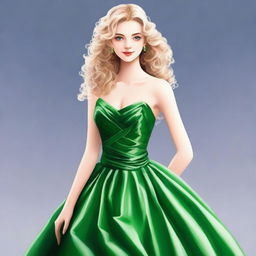 A blonde girl with wavy hair and green eyes wearing a green ball gown