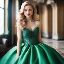 A blonde girl with wavy hair and green eyes wearing a green ball gown