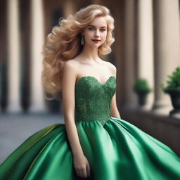 A blonde girl with wavy hair and green eyes wearing a green ball gown