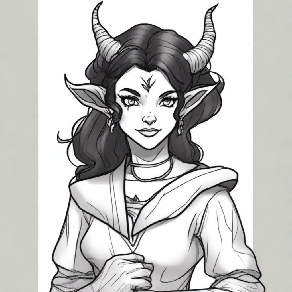 A black and white sketch of a standard tiefling in the DND universe of medium height, wearing witch attire