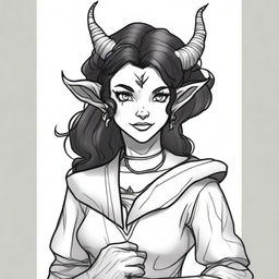 A black and white sketch of a standard tiefling in the DND universe of medium height, wearing witch attire