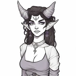 A black and white sketch of a standard tiefling in the DND universe of medium height, wearing witch attire