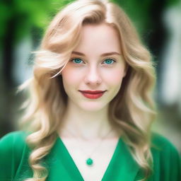 A blonde girl with wavy hair and green eyes, wearing a green dress