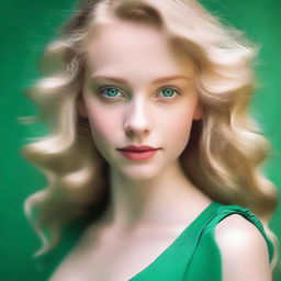 A blonde girl with wavy hair and green eyes, wearing a green dress