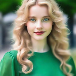 A blonde girl with wavy hair and green eyes, wearing a green dress