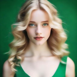 A blonde girl with wavy hair and green eyes, wearing a green dress