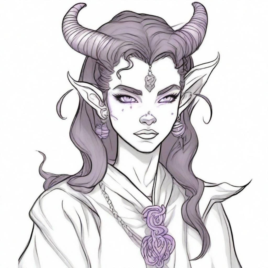 A pencil sketch of a standard tiefling in the DND universe of medium height, wearing witch attire