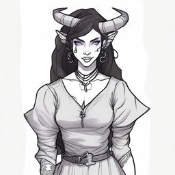 A pencil sketch of a standard tiefling in the DND universe of medium height, wearing witch attire