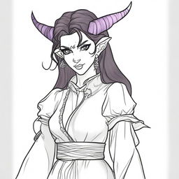 A pencil sketch of a standard tiefling in the DND universe of medium height, wearing witch attire