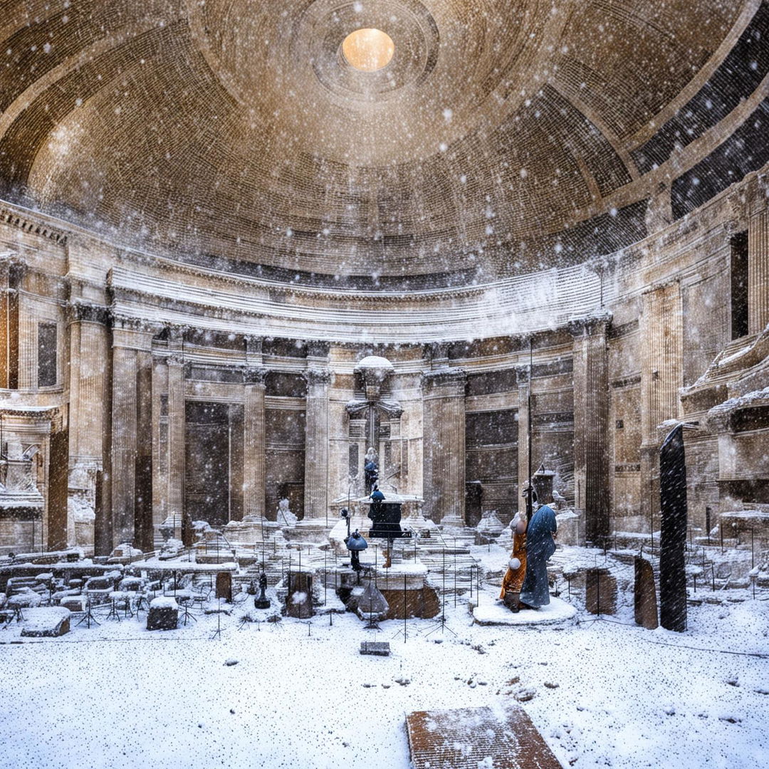 The Pantheon in Rome under a gentle snowfall with tourists marveling at its beauty. Nearby cafes continue to serve customers while a street musician plays a haunting melody.