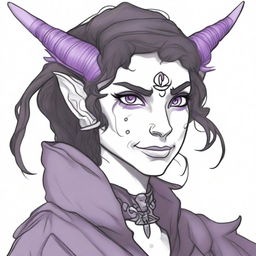 A pencil portrait of a standard tiefling in the DND universe of medium height, wearing witch attire