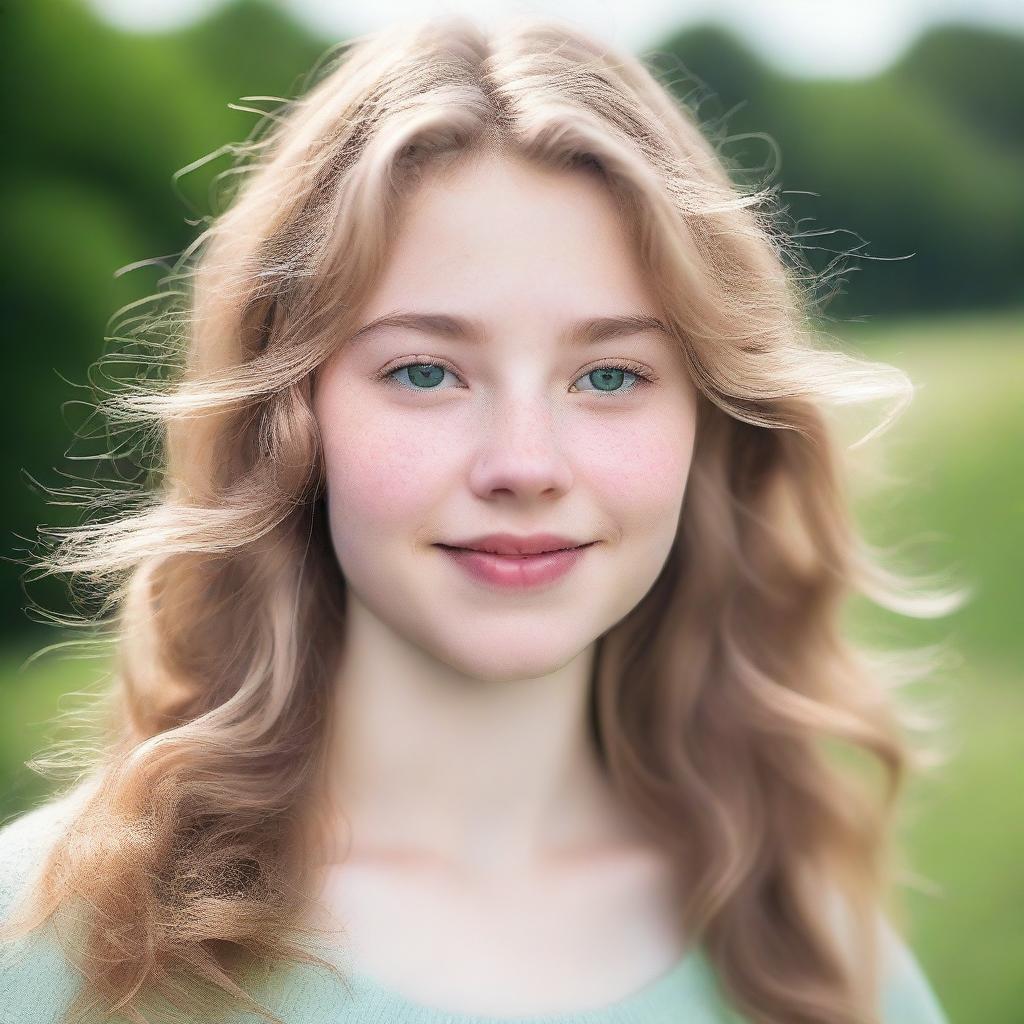 A 17-year-old girl with wavy blonde hair, green eyes, and a slightly chubby build