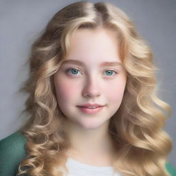 A 17-year-old girl with wavy blonde hair, green eyes, and a slightly chubby build