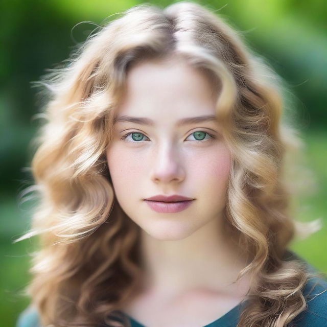 A 17-year-old girl with wavy blonde hair, green eyes, and a slightly chubby build