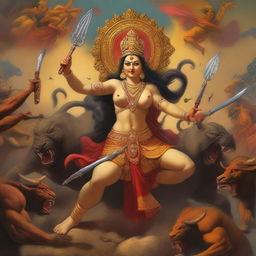 A powerful and muscular depiction of Ma Durga in an epic battle with Mahishasura