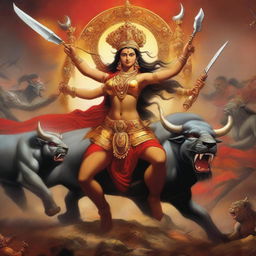 A powerful and muscular depiction of Ma Durga in an epic battle with Mahishasura