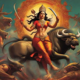 A powerful and muscular depiction of Ma Durga in an epic battle with Mahishasura