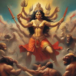 A powerful and muscular depiction of Ma Durga in an epic battle with Mahishasura