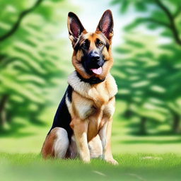 A realistic depiction of a German Shepherd dog standing in a lush green park during a sunny day