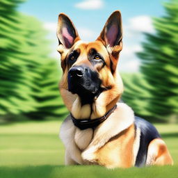 A realistic depiction of a German Shepherd dog standing in a lush green park during a sunny day