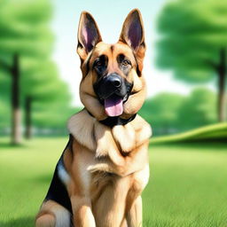 A realistic depiction of a German Shepherd dog standing in a lush green park during a sunny day