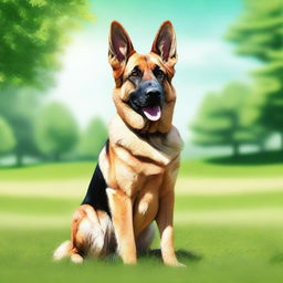 A realistic depiction of a German Shepherd dog standing in a lush green park during a sunny day