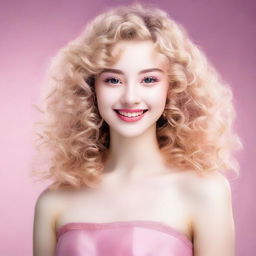 A girl with light blonde curly hair, fair skin, dark brown eyes, and rosy lips wearing a pink dress