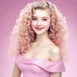 A girl with light blonde curly hair, fair skin, dark brown eyes, and rosy lips wearing a pink dress