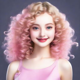 A girl with light blonde curly hair, fair skin, dark brown eyes, and rosy lips wearing a pink dress