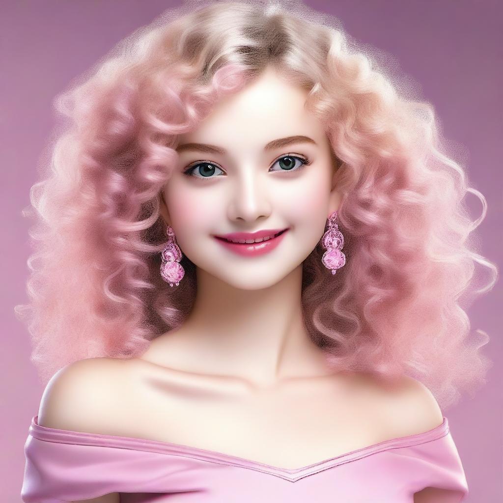 A girl with light blonde curly hair, fair skin, dark brown eyes, and rosy lips wearing a pink dress