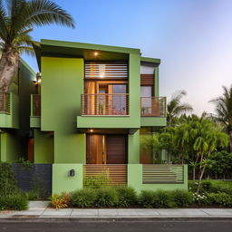 A 35*34 square feet duplex house exterior with a modern design, painted with a vibrant combination of green colors. It has large windows, and lush landscaping.