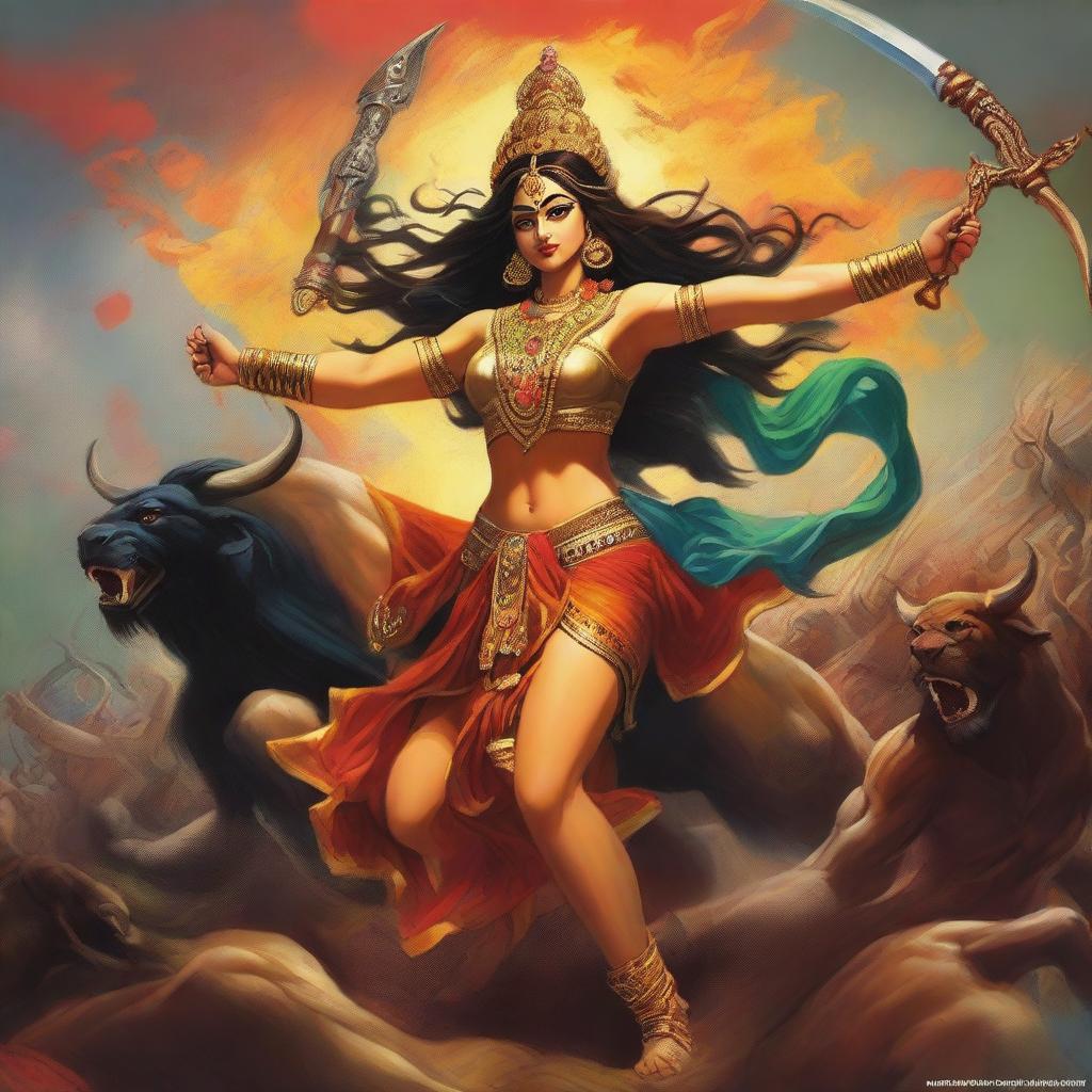 A powerful and muscular depiction of Ma Durga fighting Mahishasura