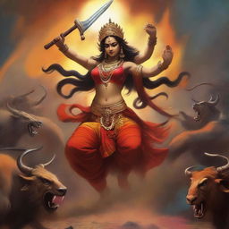 A powerful and muscular depiction of Ma Durga fighting Mahishasura