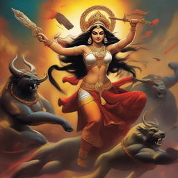 A powerful and muscular depiction of Ma Durga fighting Mahishasura