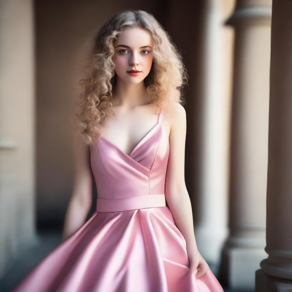 A girl with light blonde curly hair, fair skin, and dark brown eyes, wearing a pink satin dress