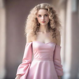 A girl with light blonde curly hair, fair skin, and dark brown eyes, wearing a pink satin dress