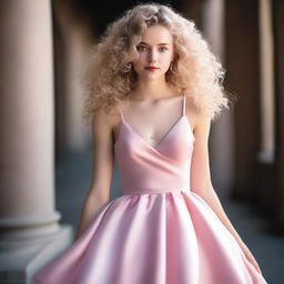 A girl with light blonde curly hair, fair skin, and dark brown eyes, wearing a pink satin dress