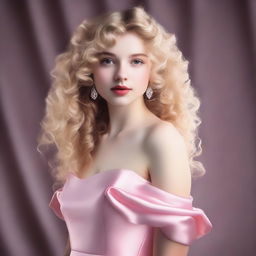 A girl with light blonde curly hair, fair skin, and dark brown eyes, wearing a pink satin dress