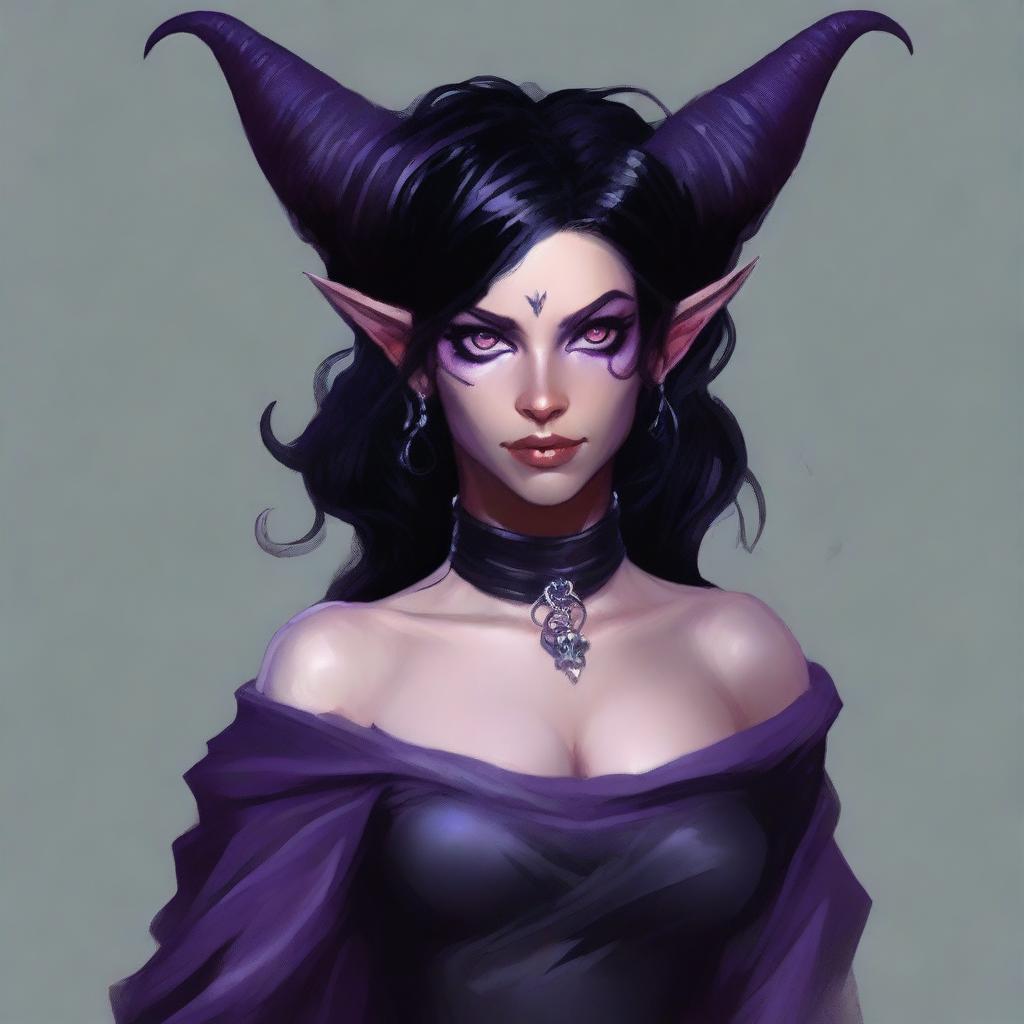 The standard tiefling from the D&D universe wears a black witch dress with rips