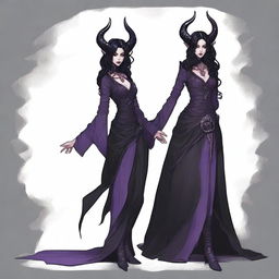 The standard tiefling from the D&D universe wears a black witch dress with rips